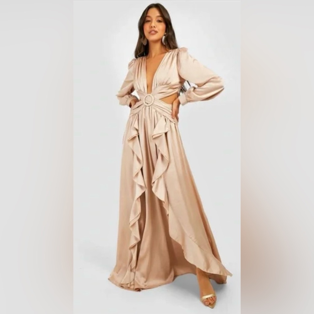 PATBO Style Satin Ruffle Plunge Cut Out Maxi Dress with Long Sleeves in Beige S